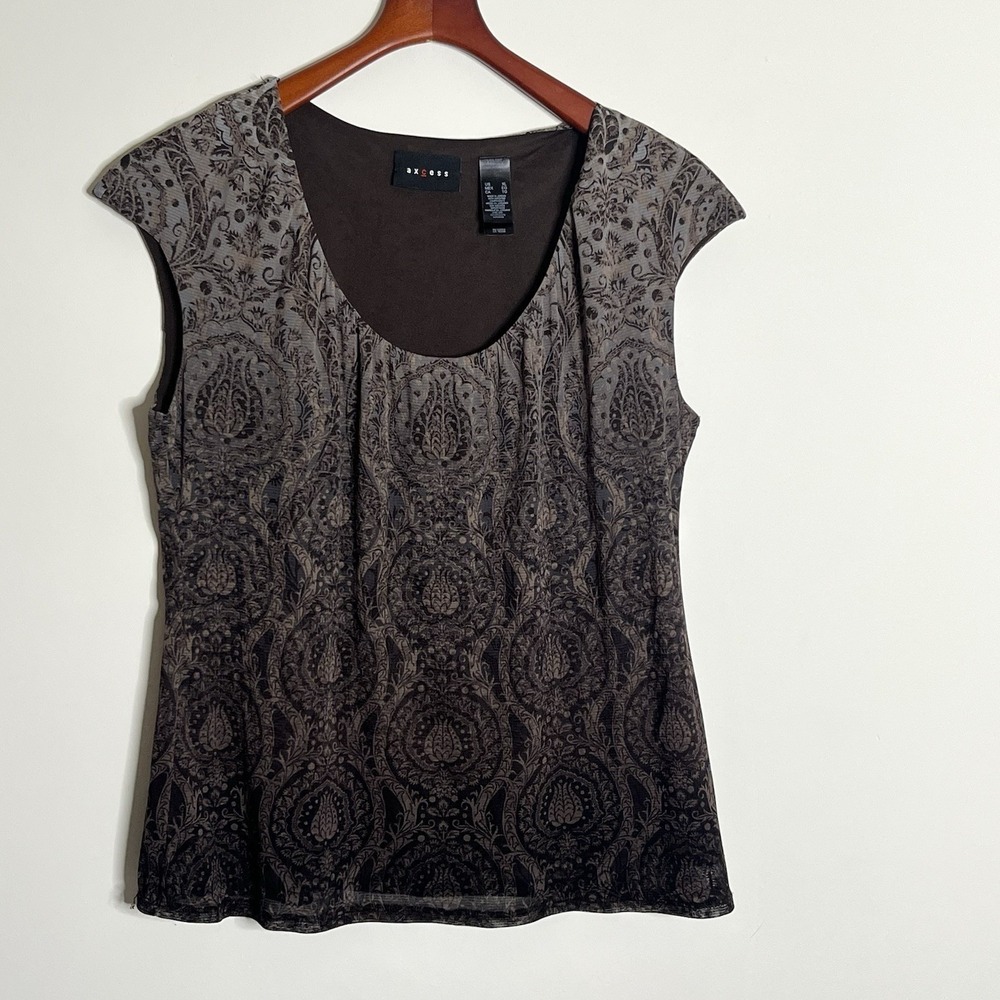 Axcess Damask Mesh Cap Sleeve Blouse XL Brown Whimsigoth Grunge Victorian Tank